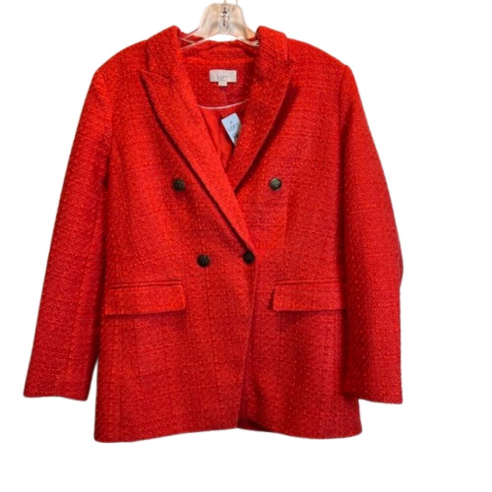 LOFT Tweed Double Breasted Blazer Jacket Petite 10 NWT Red Orange Textured
